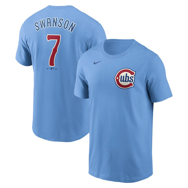 Men's Chicago Cubs #7 Dansby Swanson Baby Blue Fuse Name & Number T-Shirt Men's Chicago Cubs #7 Dansby Swanson Baby Blue Fuse Name & Number T-Shirt